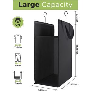Hanging Laundry Hamper Black <b>Rectangular</b> Foldable With Handle For Closet Clothing Organizer 1 Pack One Section - Product Image 2