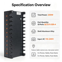 Nouveau chargeur rapide 10 ports 200W 10 ports QC 3.0 Hub USB Station de charge 18W Port de charge rapide pour tous les téléphones et appareils USB