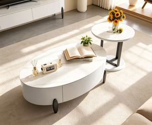 Table basse ovale moderne avec plateau en marbre, structure en métal, rangement, meubles de salon - Product Image 1