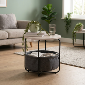 Modern Round Side Table with Fabric <b>Storage</b> Basket Wooden Top Iron Frame - Product Image 4