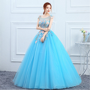 Sky Blue Ball Gown O-Neck Floral Print Chiffon Empire Waistline Long Evening Dress For Women - Product Image 4