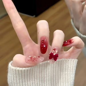 Uñas Postizas Hechas a Mano con Diseño <span class=keywords><strong>de</strong></span> Año Nuevo 2026, Color <span class=keywords><strong>Vino</strong></span> <span class=keywords><strong>Tinto</strong></span> con Diamantes Brillantes, Dulces y Encantadoras - Product Image 3