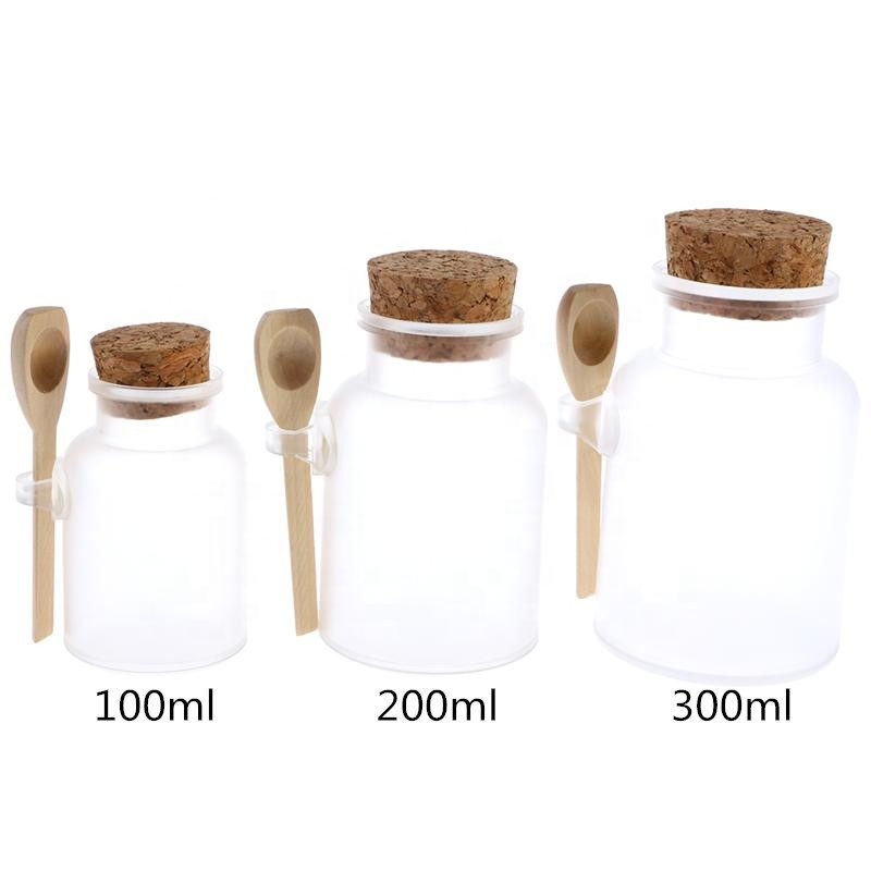 Empty 100ml 200ml 300ml clear frosted bath salt container jar with cork and bamboo spoon