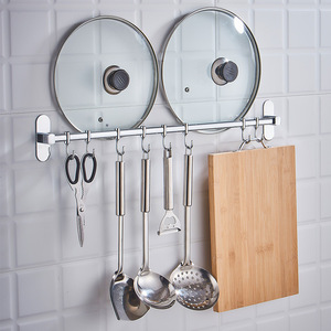 Stainless Steel Chrome Plated Wall Mounted Hanging Rod <b>Storage</b> Rack With Hooks <b>For</b> Kitchen Utensils And Cutting Board - Product Image 1
