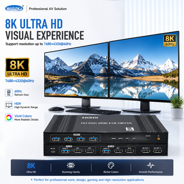Hardrock Dual Monitor KVM Switch 2 Computers 4-Port USB 3.0 for 2.1 DP Controller for Office & Control Room