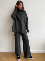 Ensemble deux pièces en cachemire 100 % tricoté pour femme : pull à col roulé à manches chauve-souris et ourlet fendu, pantalon décontracté à jambes larges, tenue de détente