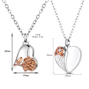 Collana con ciondolo a forma di cuore con rosa, urna per ceneri in acciaio inossidabile con strass, gioiello commemorativo per donne. - Product Image 6