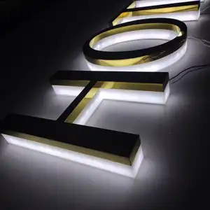 Retroiluminado personalizado led letra do canal 3d aço inoxidável luz de fundo dourada sinal de letra