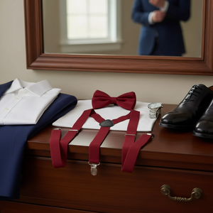 Elegante Set di Papillon Rosso e Bretelle per Uomo, Abbigliamento Formale in Poliestere, Accessori per Adulti - Product Image 3