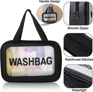 Bolsa de Plástico Transparente Impermeable para Mujer, Moderna y Popular, con Asa, Bolsa de Cosméticos Negra de PVC con Cierre - Product Image 3