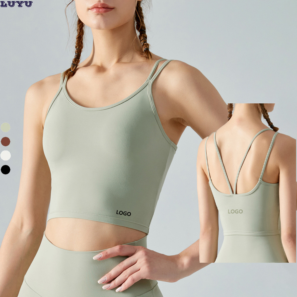 Women's Spaghetti Double Straps Yoga Tank Top with Built-in Bra Pads Backless Sports Bra for Fitness and Outerwear