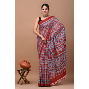 Sari de Algodón Mulmul Estampado con Blusa a Juego, Sari de Algodón Mulmul Ligero y Elegante - Cómodo para Uso Diario - Product Image 5