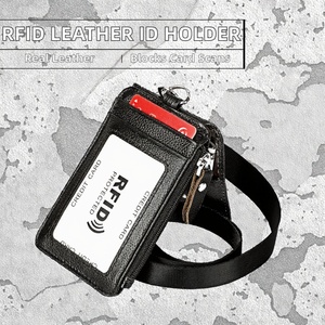 Black RFID Blocking Genuine Leather Fashion <b>ID</b> Wallet Lanyard Badge Pass <b>Holder</b> for Credit Card Use - Product Image 2