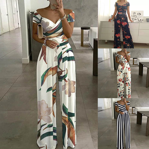Conjunto <span class=keywords><strong>de</strong></span> <span class=keywords><strong>Mono</strong></span> Estampado Floral con Hombros Descubiertos, Pierna Ancha, Cintura Ajustada y Diseño Cruzado para Mujer - Product Image 2