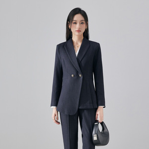 Women's Suit Set Elegant Navy Blue Wool Blend Anti-Wrinkle Professional Office Wear - Product Image 4