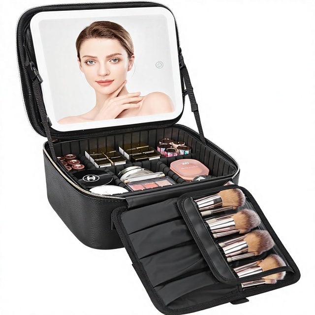 Makeup Train Case with LED Mirror, Portable Travel Cosmetic Bag, Compact Makeup Organizer Storage Bag for Women & Girls