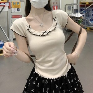 Top de estilo francés con volantes, bloques de color, cuello redondo, sujetador acolchado incorporado, top de verano para chica, con lazo, manga corta, hombros regulares - Product Image 3