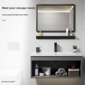 Conjunto de Muebles de Baño de Aluminio Espacial con Almacenamiento Montado en la Pared e Iluminación, <span class=keywords><strong>Lavabo</strong></span> de Cerámica para Balcón, Cuarto de Baño y Aseo - Product Image 4