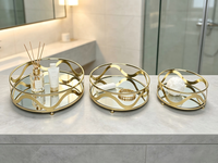 Ensemble de plateaux ronds en métal doré avec base miroir, plateaux décoratifs miroir pour bijoux, cosmétiques, desserts, table, décoration de maison, mariage, fête