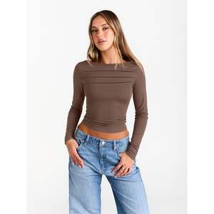Trendy 2025 Women's <b>Long</b> <b>Sleeve</b> Business Casual <b>Tops</b> Queen Size Fitted Crop Outfits Cute Ruched Boat Neck Queen Size Fitted Crop - Product Image 2