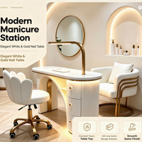 Table de Manucure de Luxe Ovale Crème avec Pieds Arqués Dorés, Tiroirs Cylindriques Cannelés, Lampe LED, pour Salon de Manucure, avec Chaise, Vente en Gros, OEM