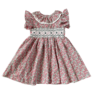 Abiti svasati a maniche corte svasate da bambina abito in cotone Smocking in tessuto floreale rosa <span class=keywords><strong>elegante</strong></span> - Product Image 1