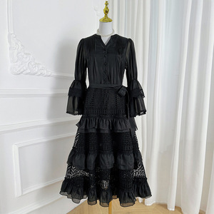 เดรสแฟชั่นเอวแขนบานมีระบายลายฉลุลูกไม้แบบประกบแนววินเทจ - Product Image 6