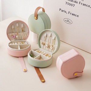 Boîte à bijoux portable en cuir PU vert et rose, mini, pour voyage, petite boîte de rangement circulaire pour bijoux – Offre Spéciale - Product Image 2