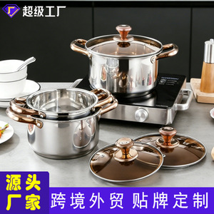 Stainless Steel Cookware <b>Set</b> 3-Piece Rose Gold Handles Glass Lids Soup <b>Pots</b> Kitchen Cooking <b>Set</b> - Product Image 4