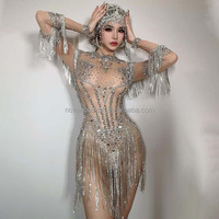 Combinaison en strass pour danseuse, tenue de spectacle glamour, vêtements de scène extensibles pour performance de danse