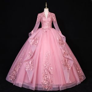 Vestido de quinceañera para niña Vestido de noche de pompa de lentejuelas de manga larga con cuello en V Princes vestido de baile hinchado - Product Image 1