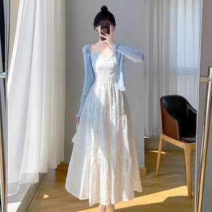 Conjunto de Vestido Largo Estilo Francés, Falda Larga, Chifón Transpirable, Diseño Sólido, Dos Piezas, Ropa de Verano para Mujer - Product Image 1