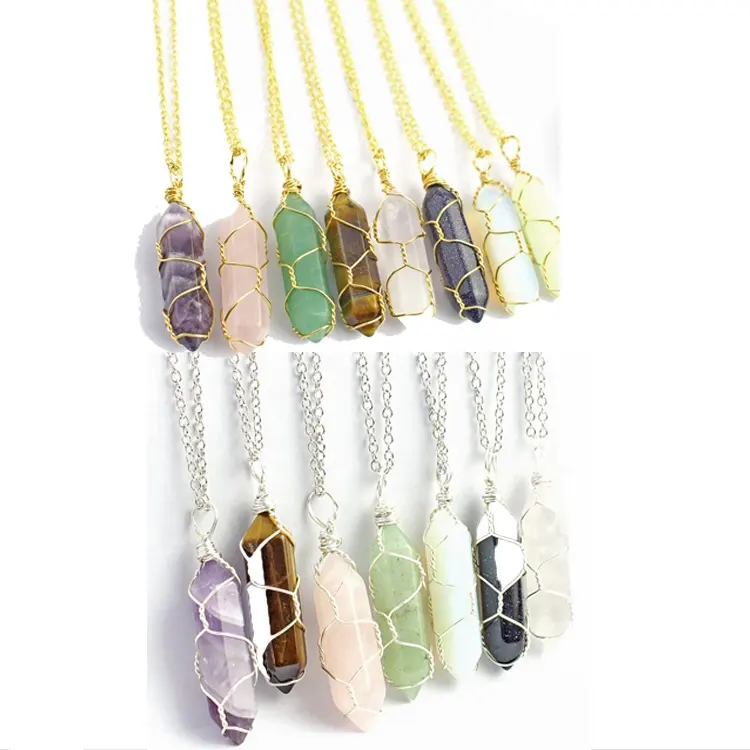 Hexagonal Healing Crystal Quartz Necklace Wire Wrapped Gemstone Bullet Point Pendant Necklace Crystal Necklace for Women Girls