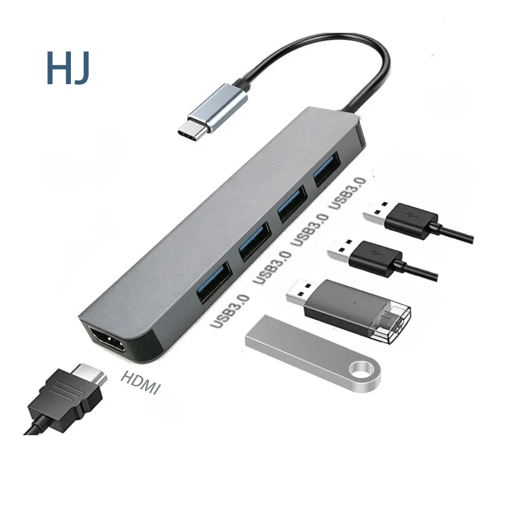 Adaptor Multiport 5 Dalam 1 Dongle USB-C Ke Hd-mi Kompatibel Laptop Stasiun Dok USB 3.0 Tipe C Hub Adaptor 4 USB Hub C