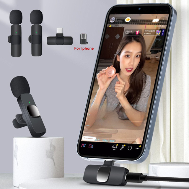 Professional Wireless Condenser Lavalier Microphone Noise Cancelling LED Lights Metal Build-Portable Light-weight for Mobile