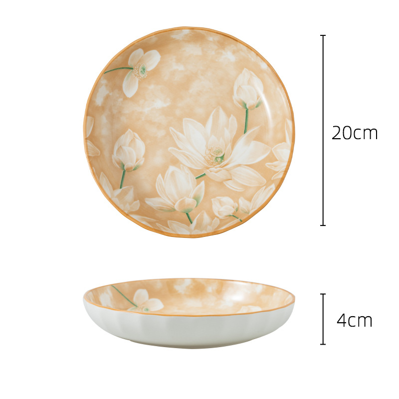 Assiette creuse de 8 pouces, motif étang de lotus au clair de lune.
