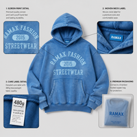 Sweat-shirt à capuche RAMAX personnalisé 480g épais bleu délavé pour homme, motif graphique High Street Archive, streetwear, vente en gros B2B