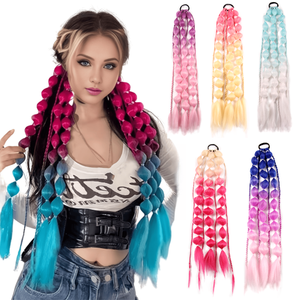 Venta al por Mayor de Trenzas de Burbuja Preestiradas de 24 Pulgadas, <span class=keywords><strong>Dos</strong></span> Tonos, Tricolor, Resistentes al Fuego, Fibra de Alta Temperatura, Cola de Caballo - Product Image 4