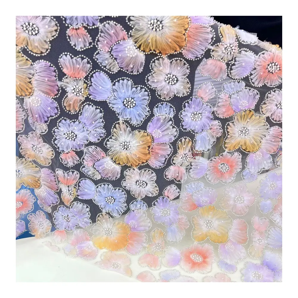 Afninty tecido de renda de noiva com lantejoulas bordado floral 3D multicolorido tecido de renda francesa para vestido de noite elegante