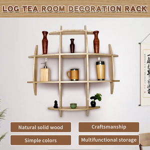 <b>Wall</b> Mounted Solid Wood <b>Display</b> Shelf Geometric Multi Compartment Chinese Style Storage Rack For Teacup And Decorative Items - Product Image 3