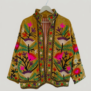 Veste Bohème à Col Mandarin Brodé de Fleurs, Grande Taille, pour Femme, Vêtement d'Extérieur Décontracté d'Automne, Manches Longues, en Polyester - Product Image 1