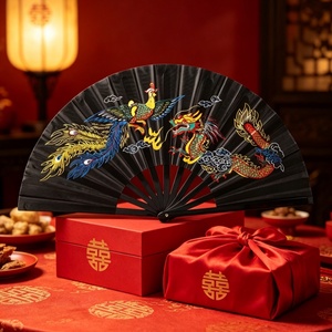 Abanico Plegable Negro Pintado con Patrón Tradicional de Dragón y Fénix, Símbolo Chino de la Suerte, Recuerdo de Boda, Decoración de Pared para Salón de Té, Artes Marciales - Product Image 2