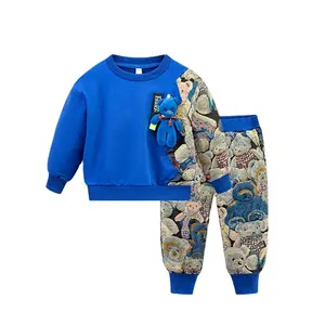 2023童装套装熊贴片印刷自有品牌男童套装服装儿童秋季服装