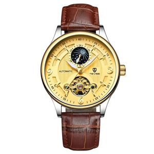Reloj TEVISE T820B 820B para Hombre, Correa de Cuero, Mecánico, Automático, Negro, Resistente al Agua 30M, Esfera Dorada - Product Image 3