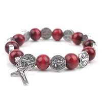 Bracelet extensible en perles de bois de 10 mm faites à la main avec perles en alliage Saint Benoît pour hommes et femmes