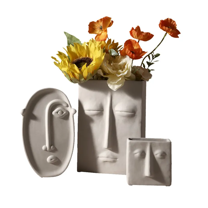 Vas keramik abstrak bentuk wajah manusia, Pot bunga kerajinan dekorasi ruang tamu vas modern dekorasi rumah