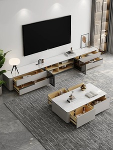 Support <span class=keywords><strong>TV</strong></span> carré en bois et marbre moderne de luxe et ensemble de table basse tiroirs multifonctions de salon meubles design décor 2025 - Product Image 4