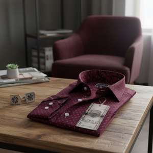 เสื้อเชิ้ตผู้ชายกระดุมข้อมือลายดอกไม้สีเบอร์กันดี - Product Image 2