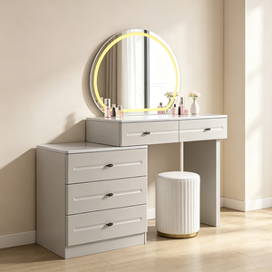 Full Cream <b>Vanity</b> Set Irregular Cloud LED Mirror Chest Hidden Handle Vertical Fluted Gold Base Stool Walk-in Closet Makeup Desk - Product Image 2
