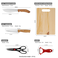 Ensemble de 5 couteaux de cuisine avec manche en bois naturel : couteau de chef, couteau de boucher, éplucheur, ciseaux, planche à découper, pour chef à domicile et cadeau